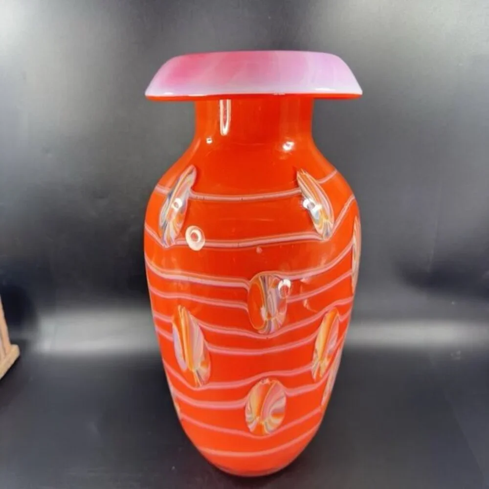 Tall Art Glass Vase Vessel Mushroom Top Orange With White Swirl Glass Vase 12inc